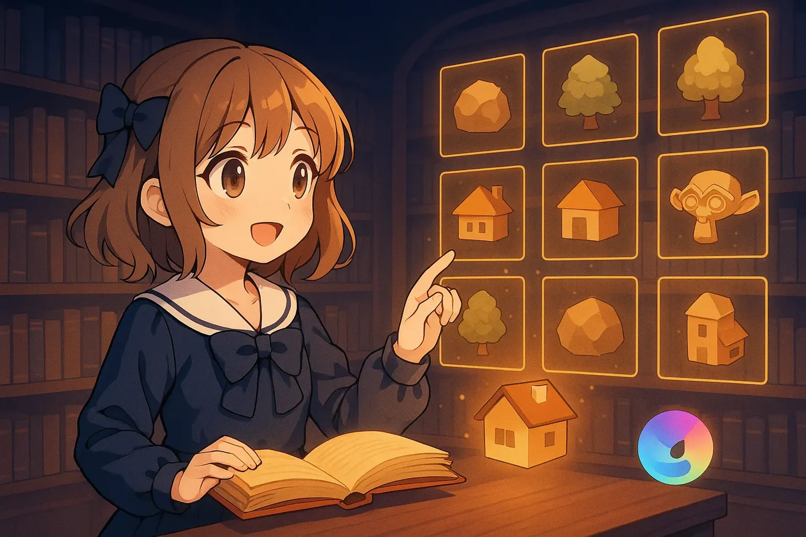 Blender Asset Browser interface showing organized 3D model library with tags and catalogs