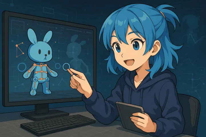 Blender rigging interface showing armature structure and model binding