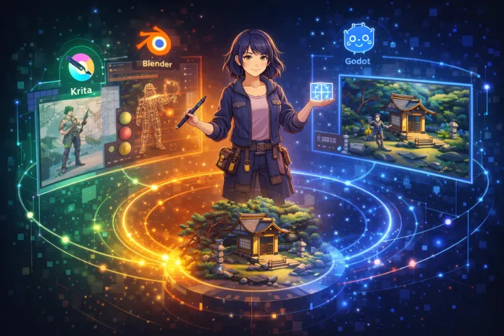 Collaborative workflow illustration of the Blender, Krita, and Godot open-source 3D toolchain