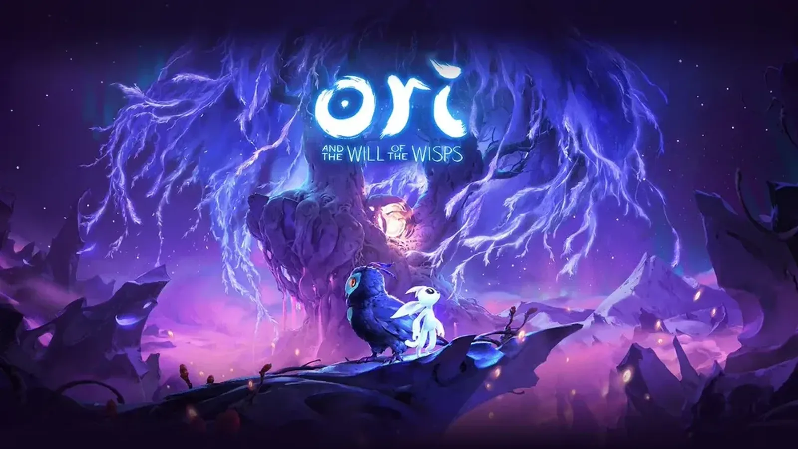 Ori key visual in a luminous spirit forest with dreamy glowing plants