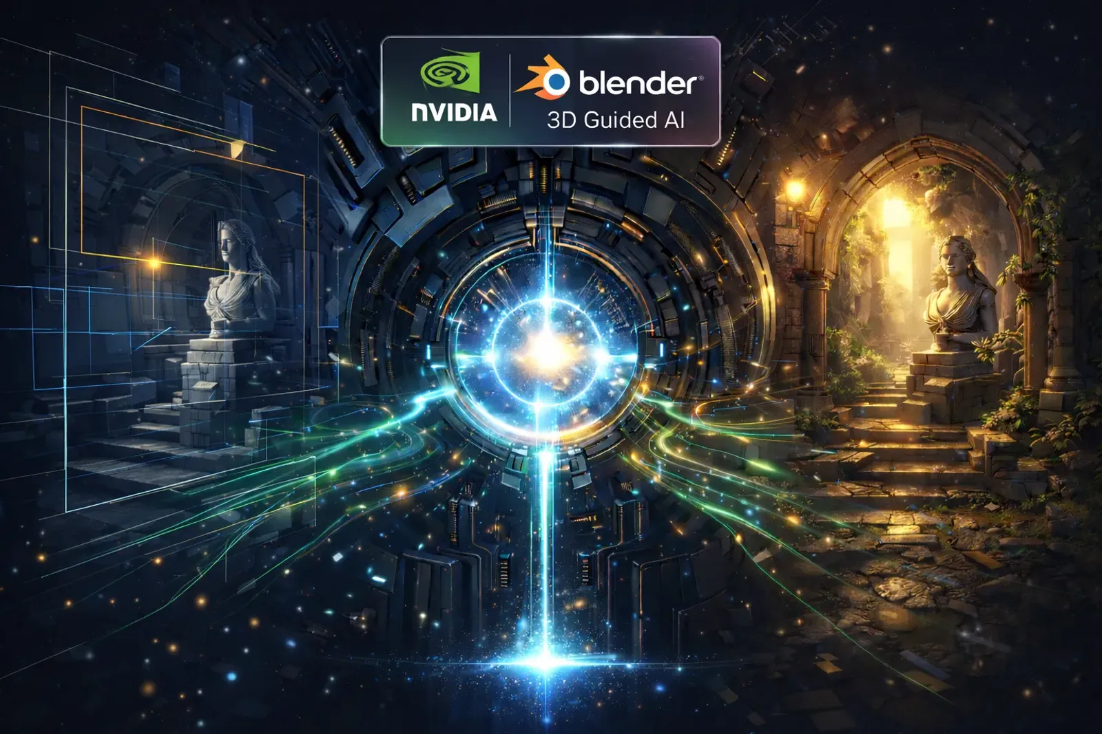Concept image of using a 3D scene to guide AI-generated artwork