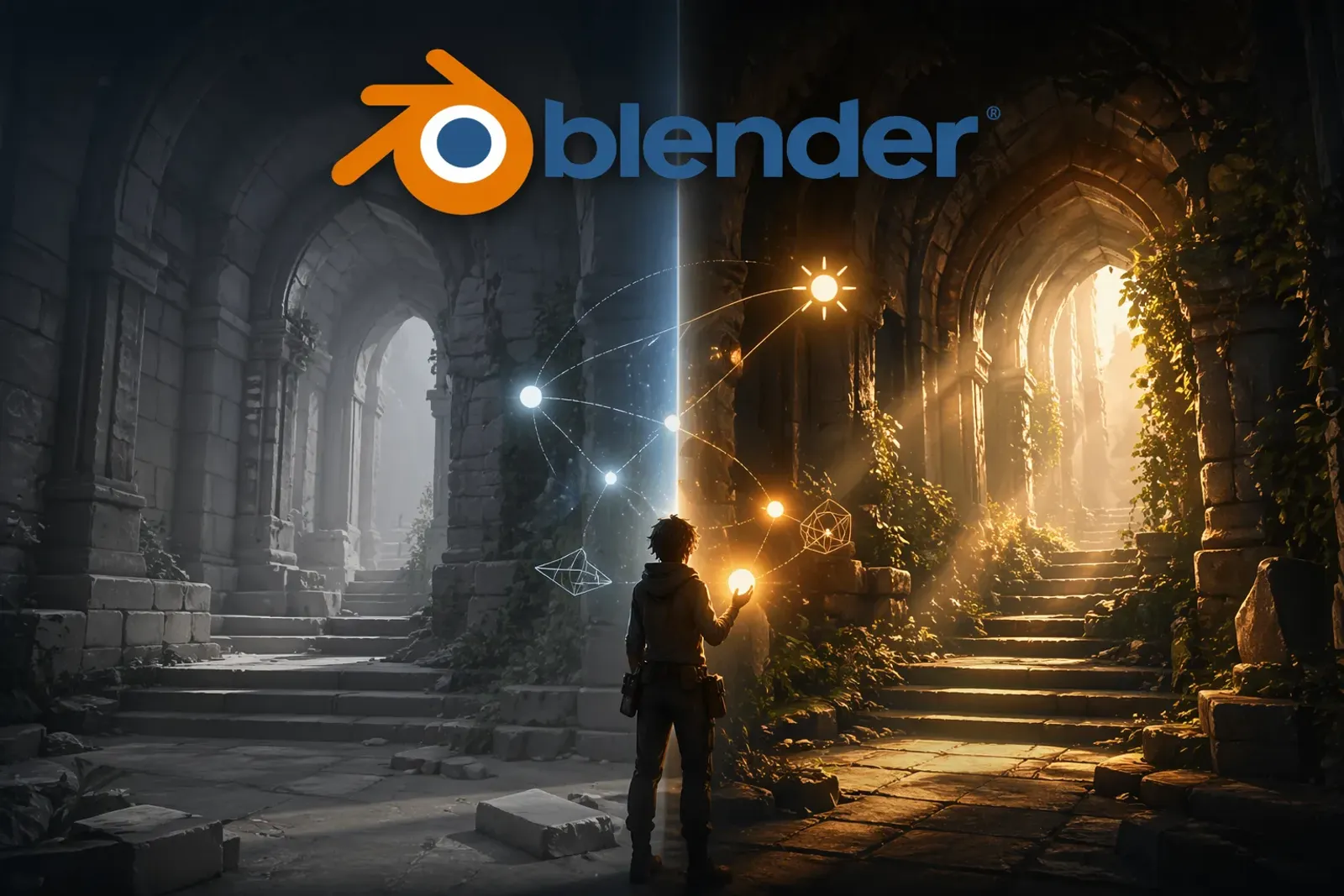 A Blender scene demonstrating three-point lighting on a game asset