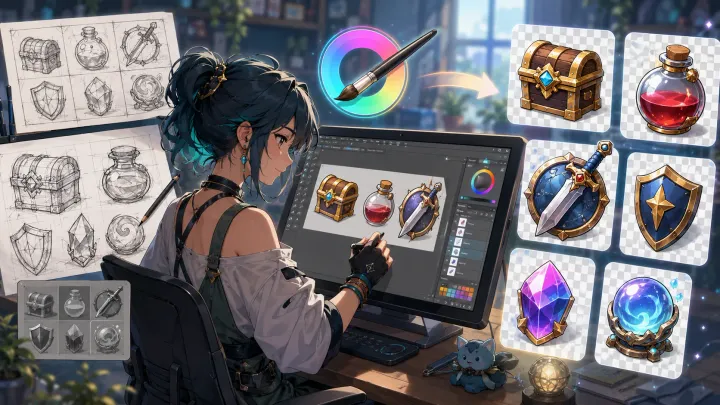 Krita game icon workflow from sketch to transparent PNG export