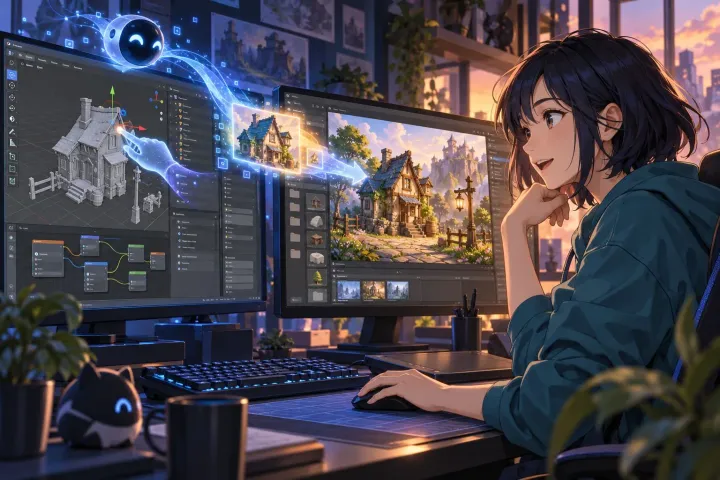 GPT-6 Astra demonstrating AI computer use by building a house scene in Blender and moving it into Unreal Engine 5