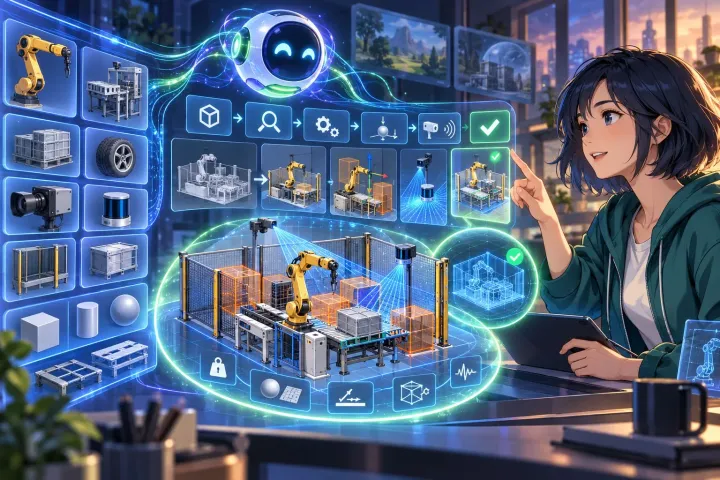 Concept visual of NVIDIA Agent Toolkit and Omniverse libraries helping AI agents prepare simulation-ready 3D assets
