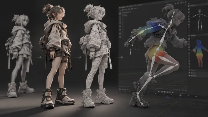 Tripo P2.0 Smart Mesh quad topology in a Blender rigging pipeline